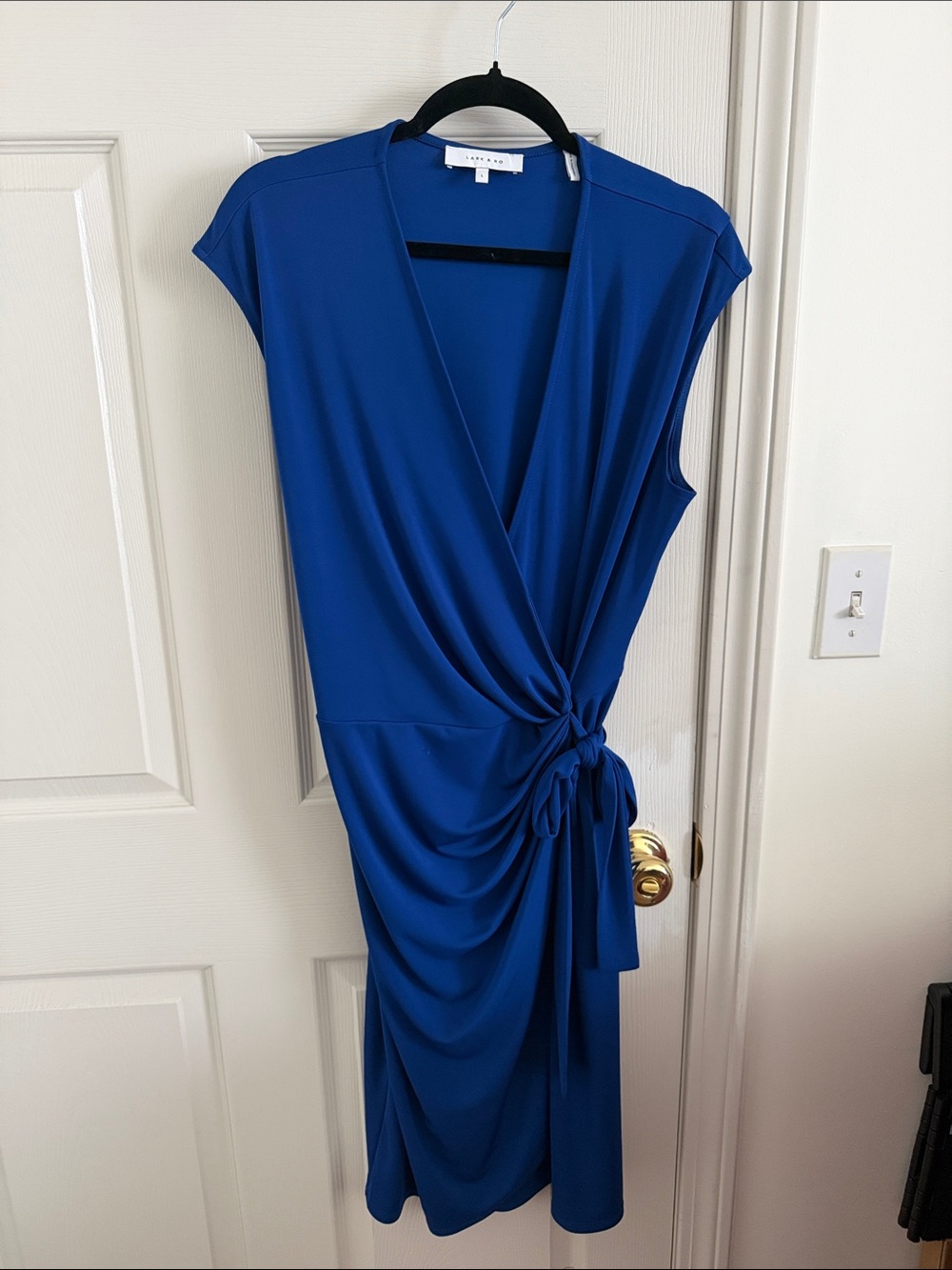 Lark & Ro Royal Blue Cap-Sleeve Wrap Knot Midi Dress